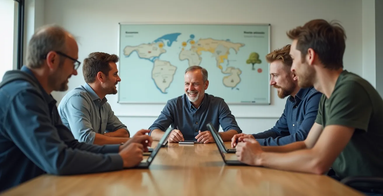 Grupo de agricultores revisando información en dispositivos móviles en cooperativa