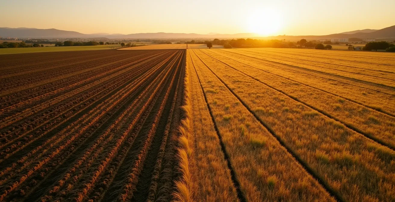 Vista aérea de campo con siembra directa sobre rastrojo mostrando contraste con parcela labrada