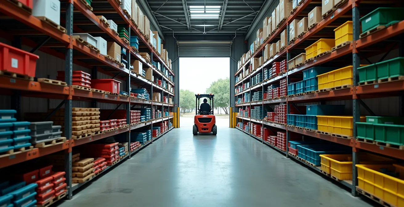 Almacén de repuestos agrícolas con sistema de organización por códigos de color