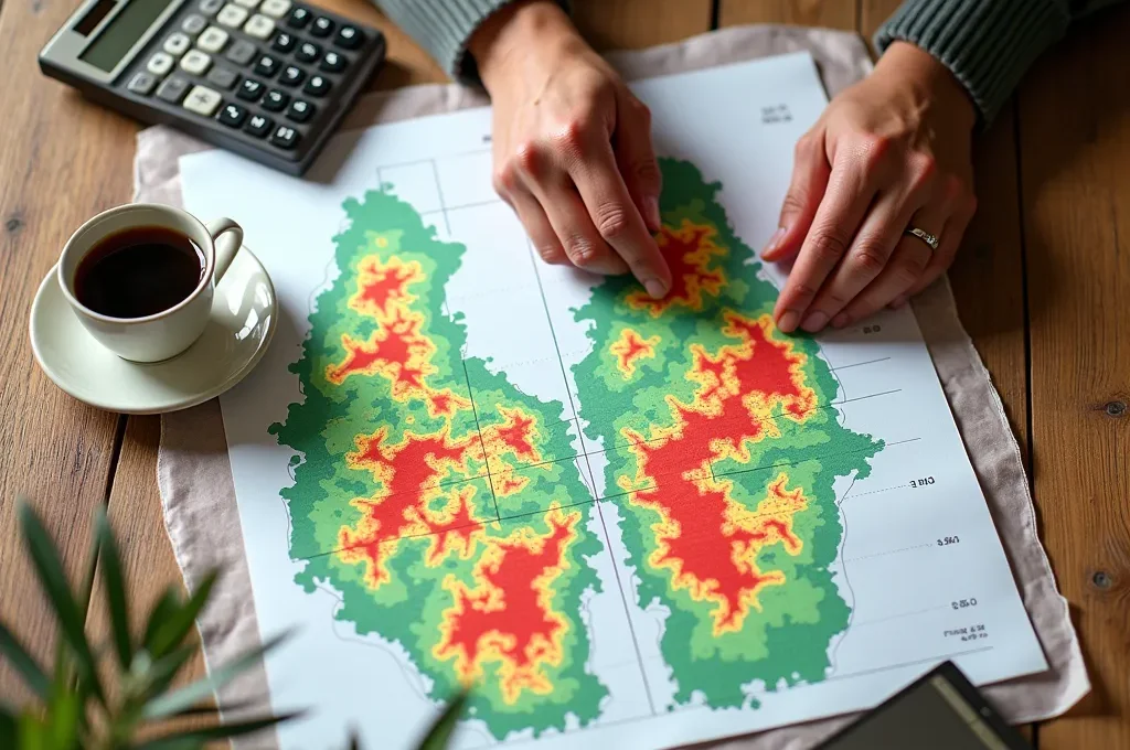Mesa de trabajo con documentos financieros agrícolas y calculadora mostrando análisis de costes