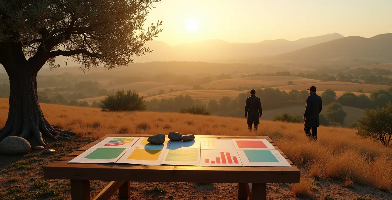 Agricultor analizando gráficos de rentabilidad en campo con su asesor estratégico en un olivar español.