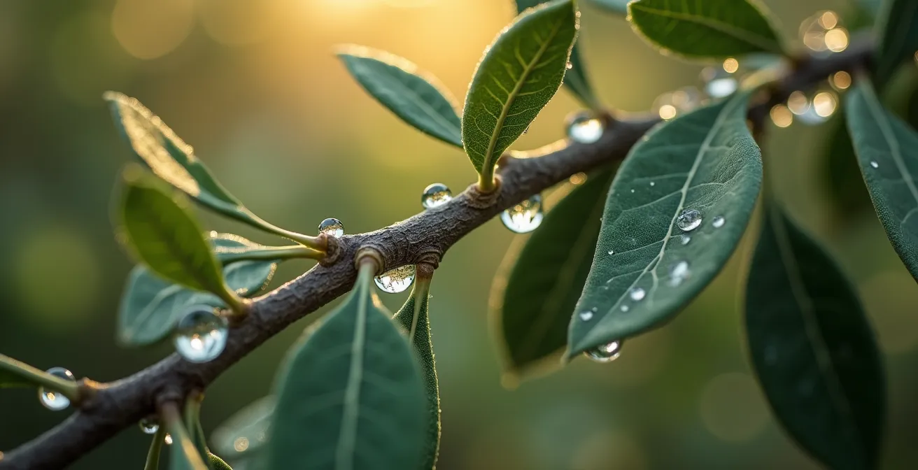 Sensor IoT de alta tecnología en una hoja de olivo, simbolizando la agricultura de precisión y el análisis de datos.