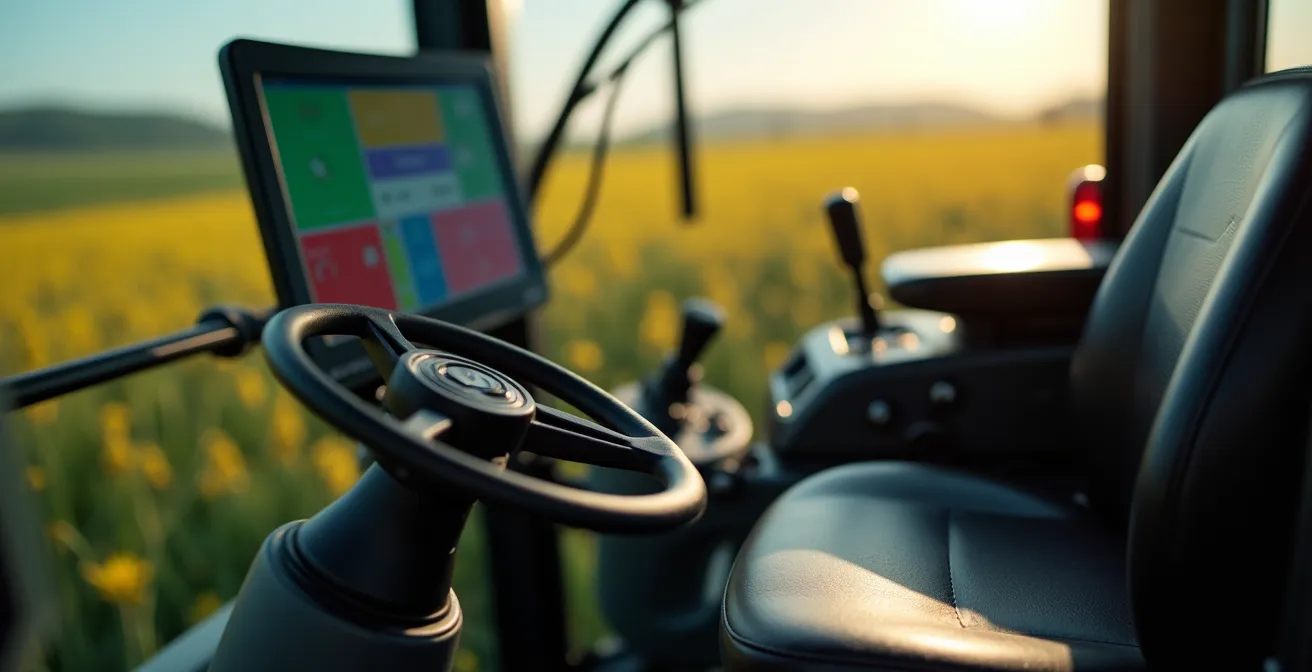 Interior de cabina de tractor moderno con monitor ISOBUS centralizado