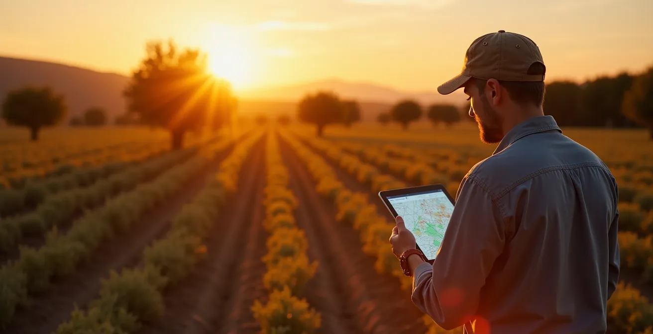 Vista aérea de parcela mostrando zonas diferenciadas de aplicación con tecnología selectiva