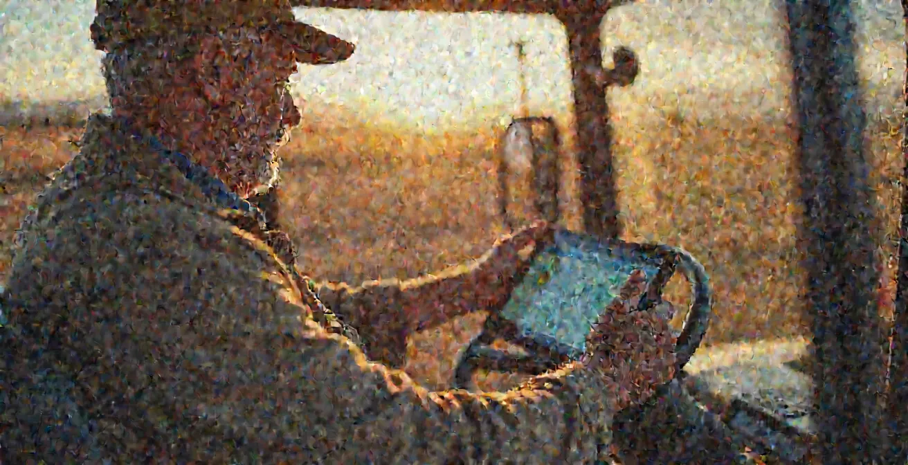 Agricultor calibrando el sistema de autoguiado GPS en la cabina de un tractor moderno