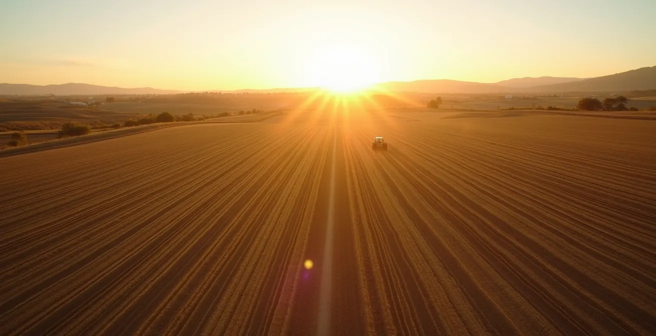 Vista aérea de campos agrícolas españoles con patrones de trabajo de precisión