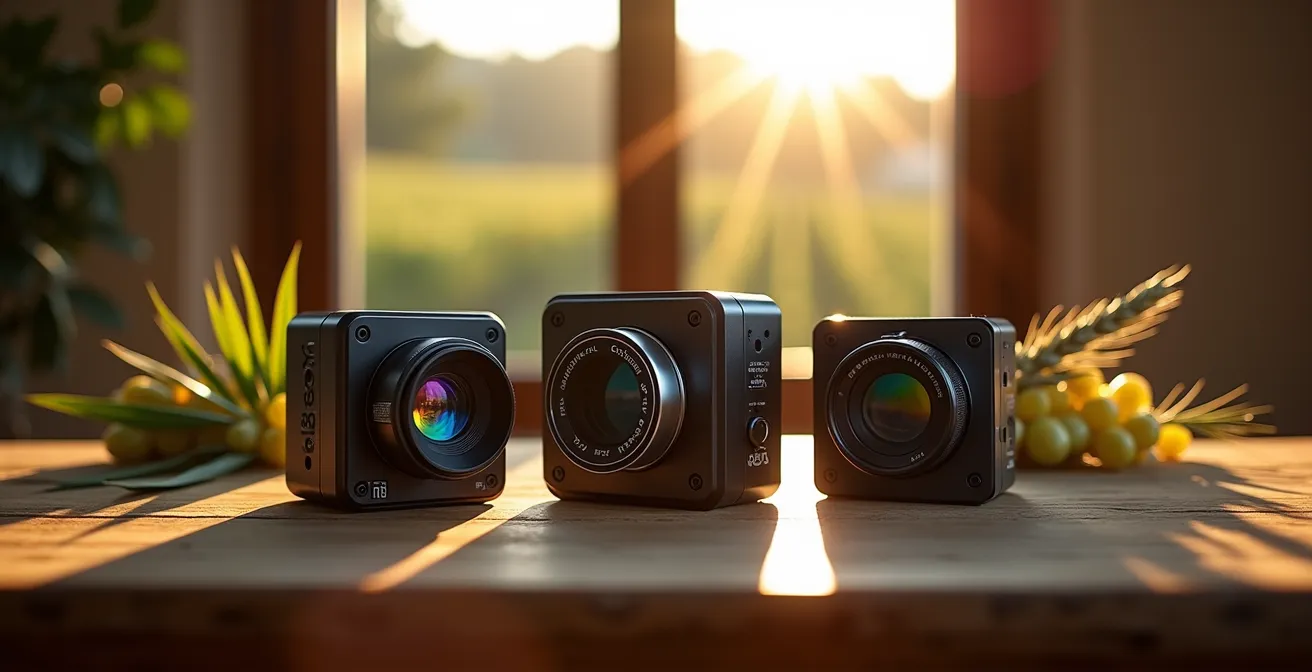 Comparación visual de tres tipos de cámaras para drones agrícolas mostrando diferentes perspectivas del mismo cultivo