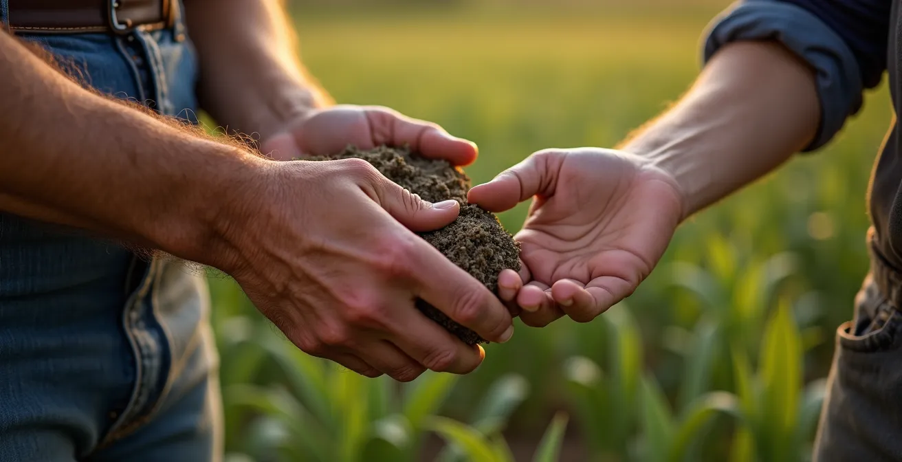 Manos de agricultor mayor y joven trabajando juntos con tablet en campo español