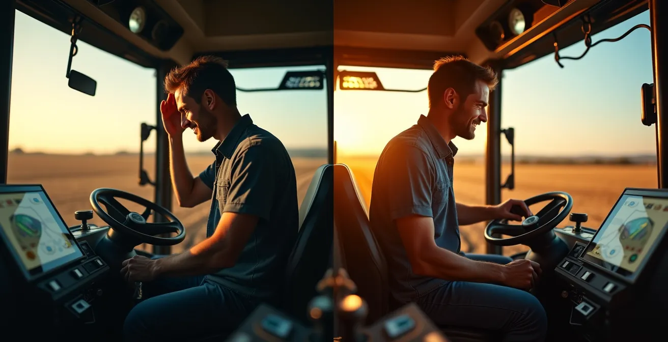 Agricultor trabajando con tecnología GPS en tractor moderno, mostrando la transición de la frustración a la confianza.