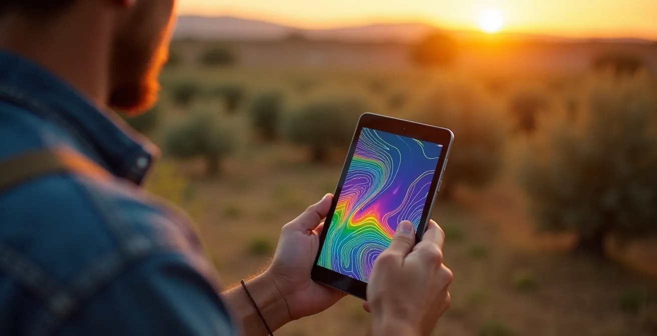 Panel de control mostrando análisis de datos agrícolas en tiempo real con gráficos y mapas de calor
