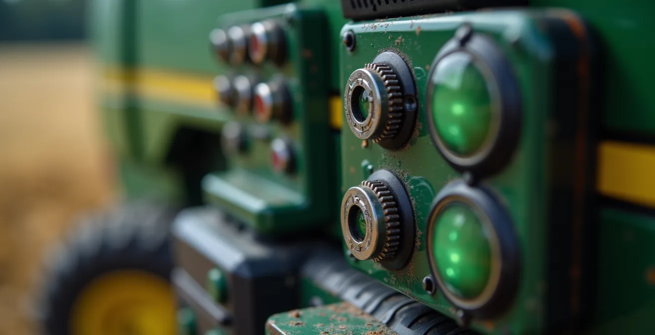 Vista macro detallada de sensor de rendimiento en cosechadora mostrando componentes de medición