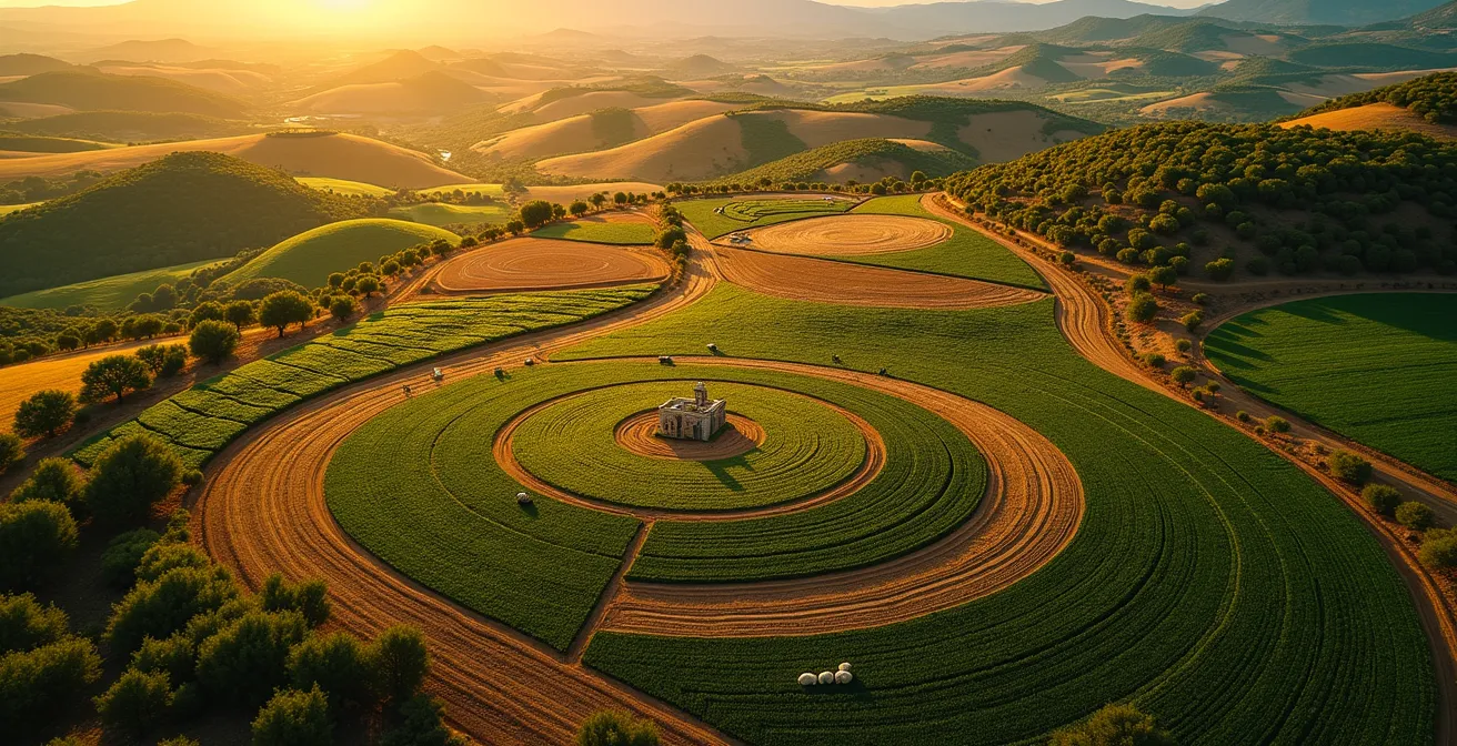 Vista aérea de finca regenerativa con integración de ganadería y cultivos en España