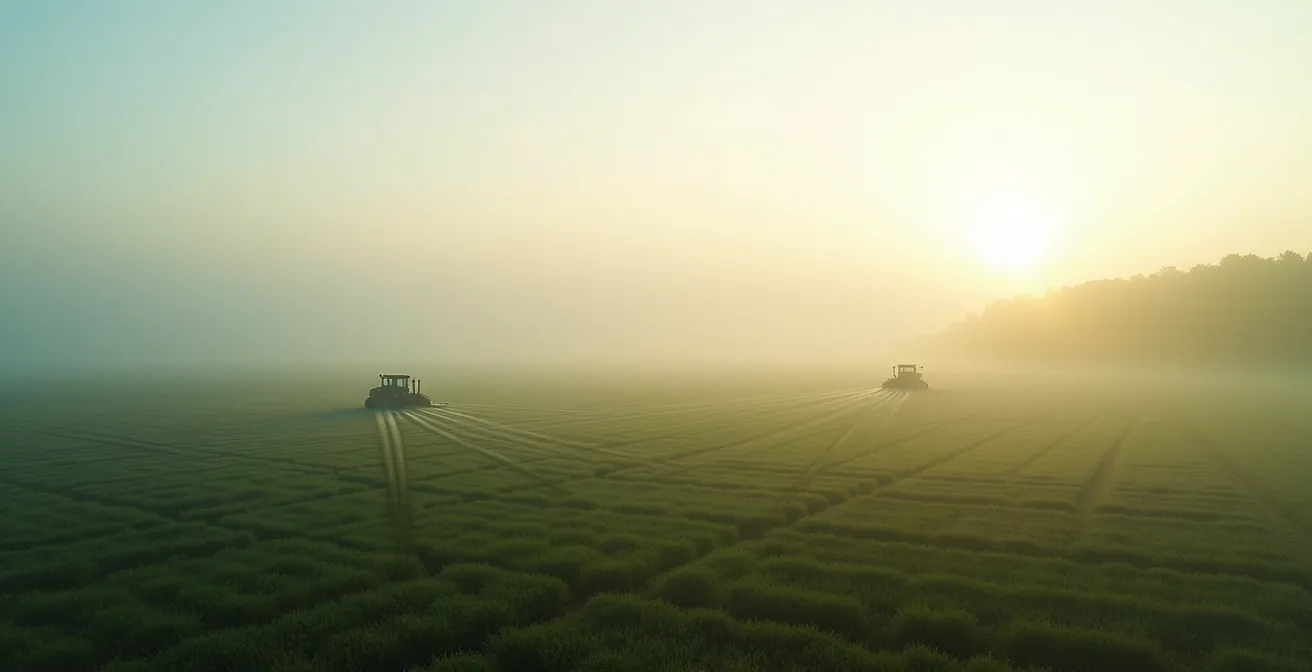 Vista minimalista de campo agrícola español mostrando el flujo invisible de datos entre sensores y maquinaria autónoma