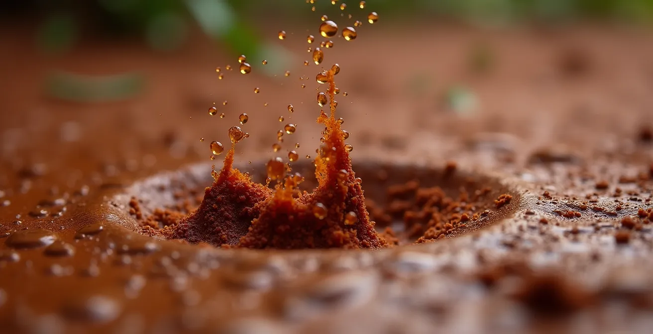 Detalle macro del impacto de gotas de lluvia sobre suelo arcilloso español desprotegido