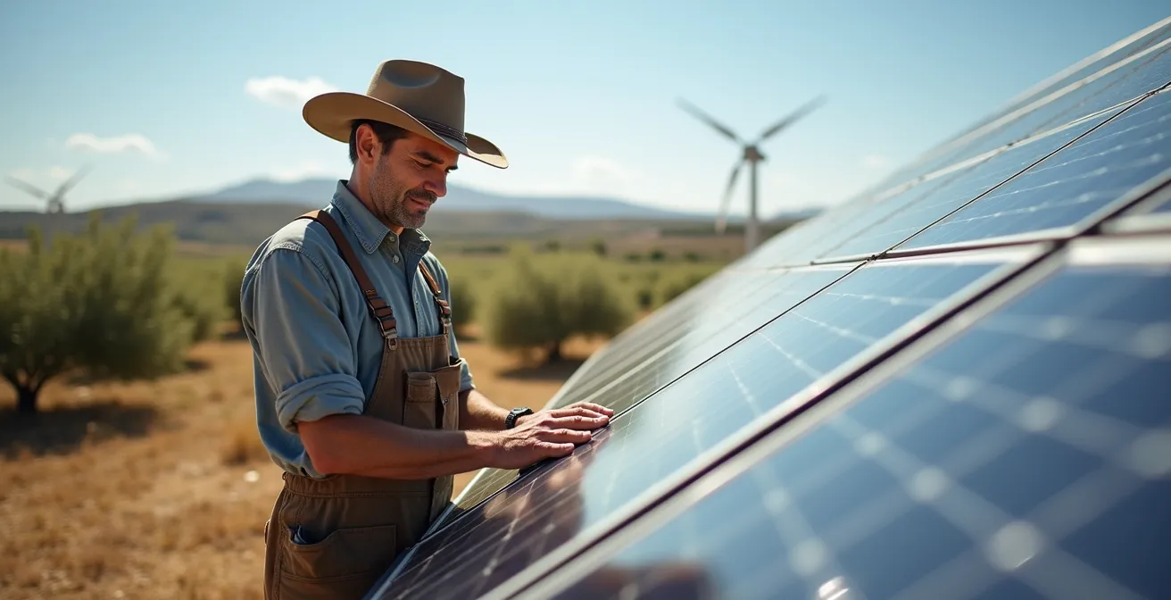Instalación fotovoltaica sobre nave agrícola con sistema de riego funcionando