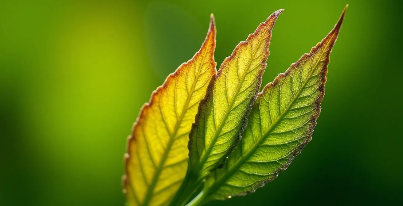 Vista macro de hojas de cultivo mostrando gradiente de salud vegetal desde verde intenso a amarillento