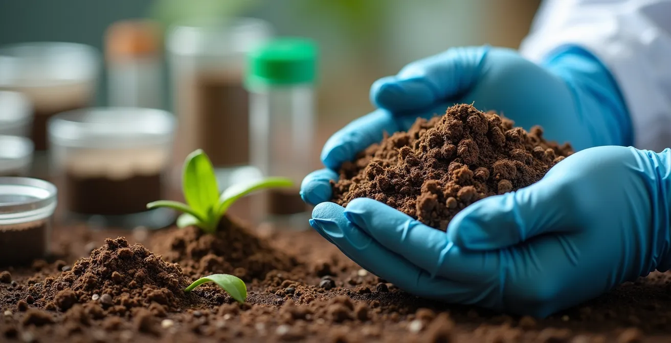 Investigador analizando muestras de suelo en laboratorio agrícola moderno