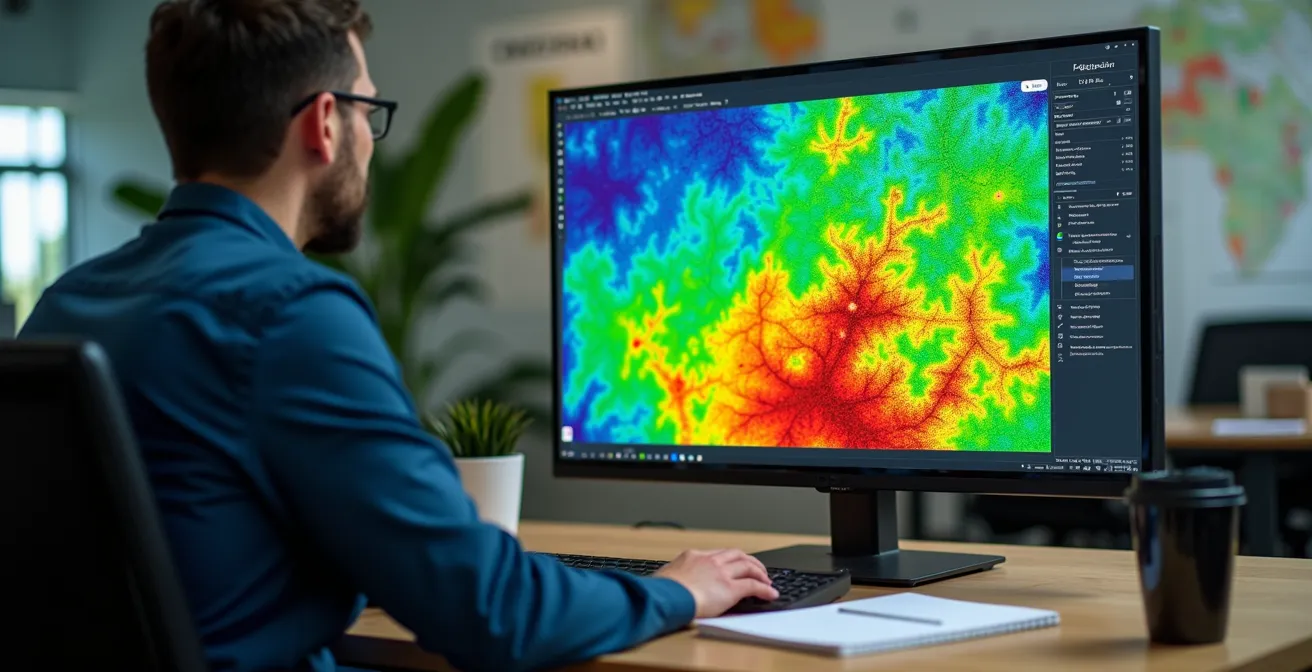 Pantalla de ordenador mostrando proceso de filtrado de datos agrícolas con mapas de calor