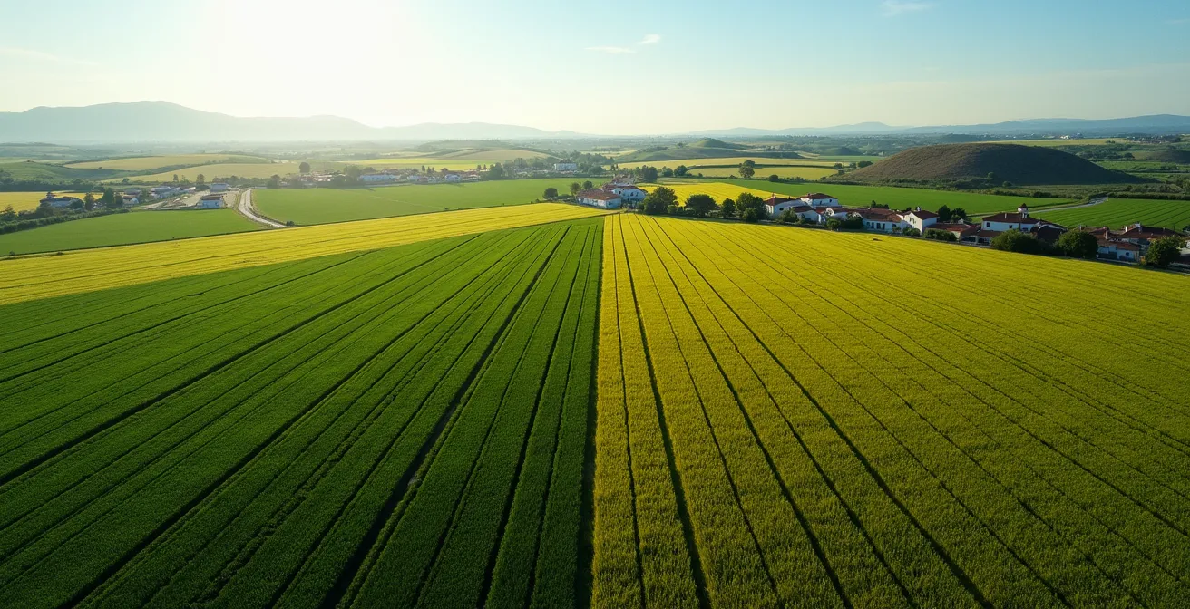 Vista aérea de parcela agrícola mostrando zonas de diferente rendimiento con colores degradados