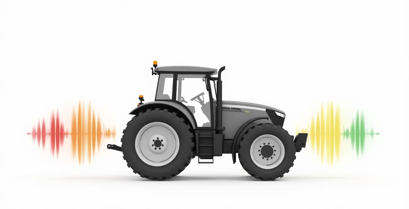 Diagrama técnico de tractor mostrando zonas de origen de diferentes ruidos mecánicos