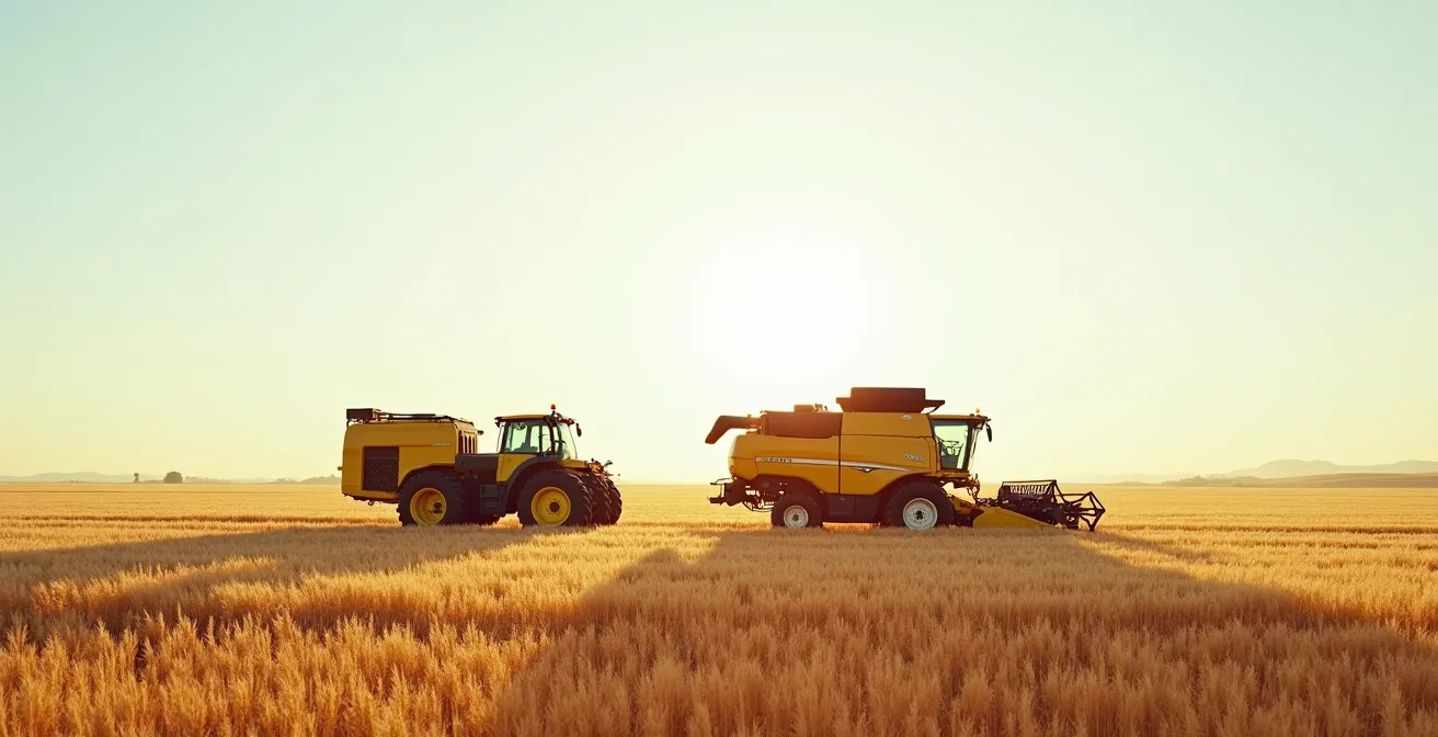 Comparación visual entre maquinaria polivalente y especializada en campo