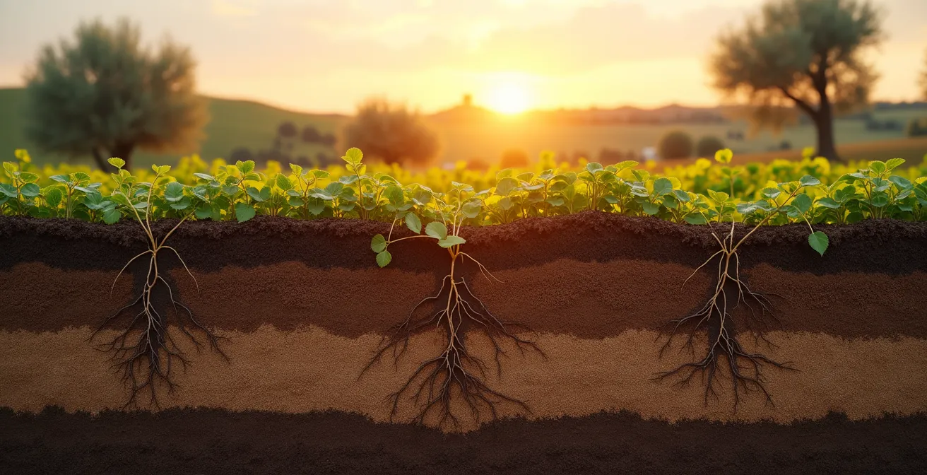 Corte transversal del suelo mostrando capas de materia orgánica y raíces en un campo de cultivo español