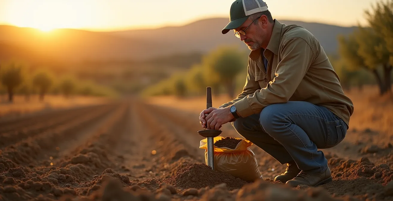 Técnico tomando muestras de suelo agrícola para análisis de carbono