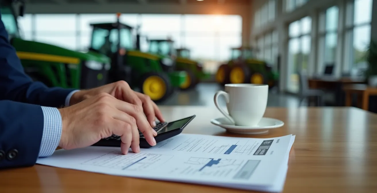 Mesa de negociación con documentos y calculadora en concesionario agrícola