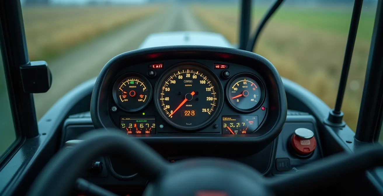 Panel de control digital mostrando métricas de eficiencia en tiempo real del tractor
