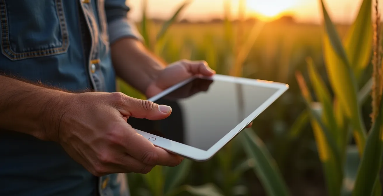Manos de agricultor sosteniendo tablet mostrando superficie reflectante sin datos visibles, con campo de cultivo al fondo