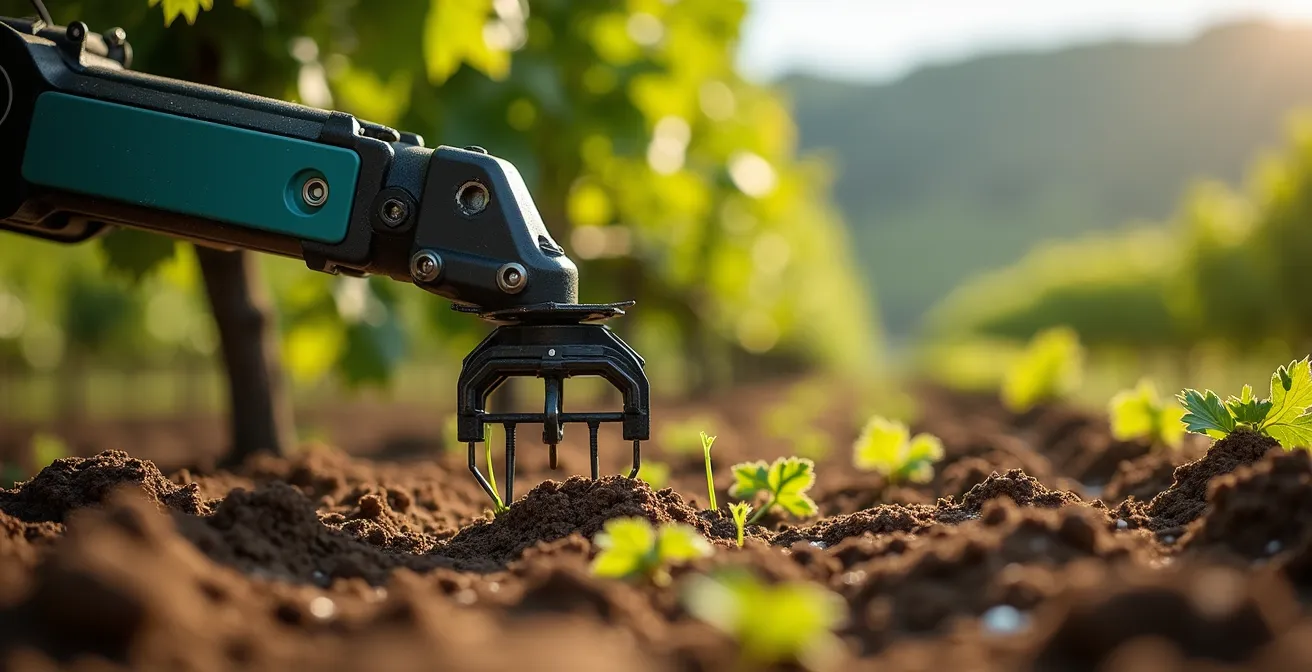 Robot autónomo realizando deshierbe mecánico en un viñedo español