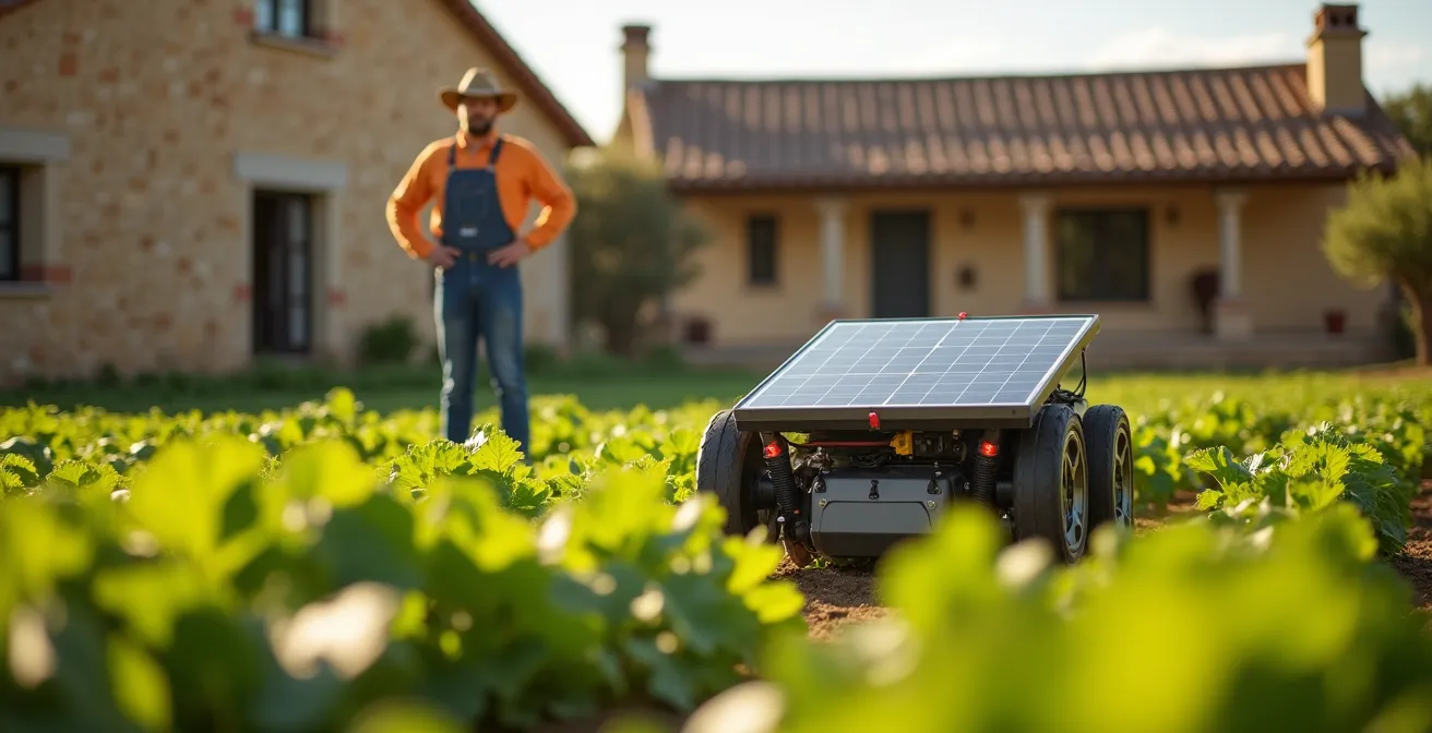 Robot de deshierbe autónomo con paneles solares operando en un campo de cultivo ecológico