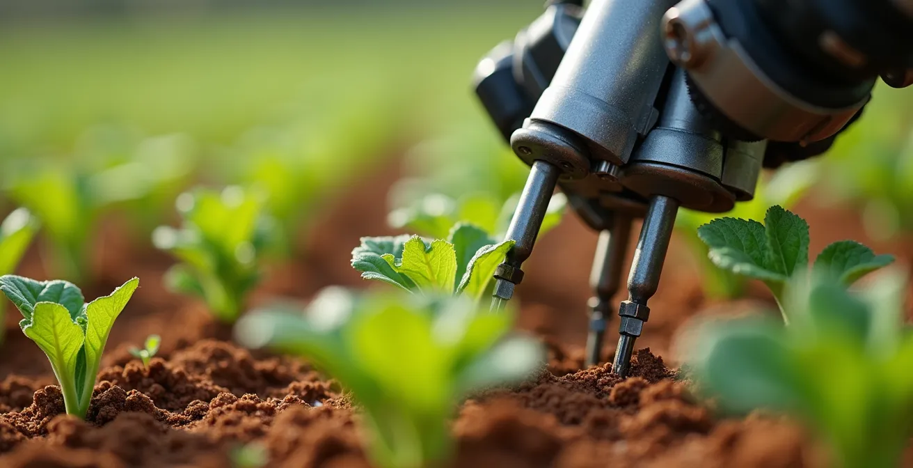 Robot FarmDroid FD20 realizando deshierbe mecánico entre hileras de cultivos hortícolas