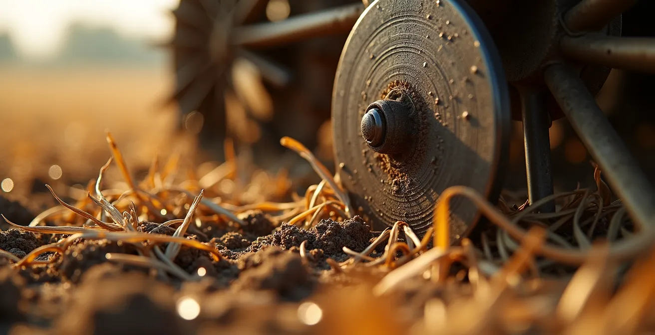 Detalle macro de discos de sembradora trabajando sobre rastrojo