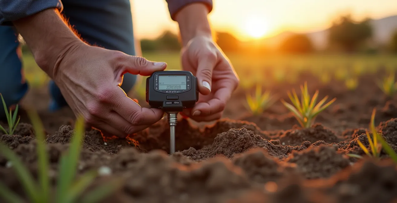 Sensor de humedad del suelo instalado en campo de cultivo español mostrando tecnología de monitoreo