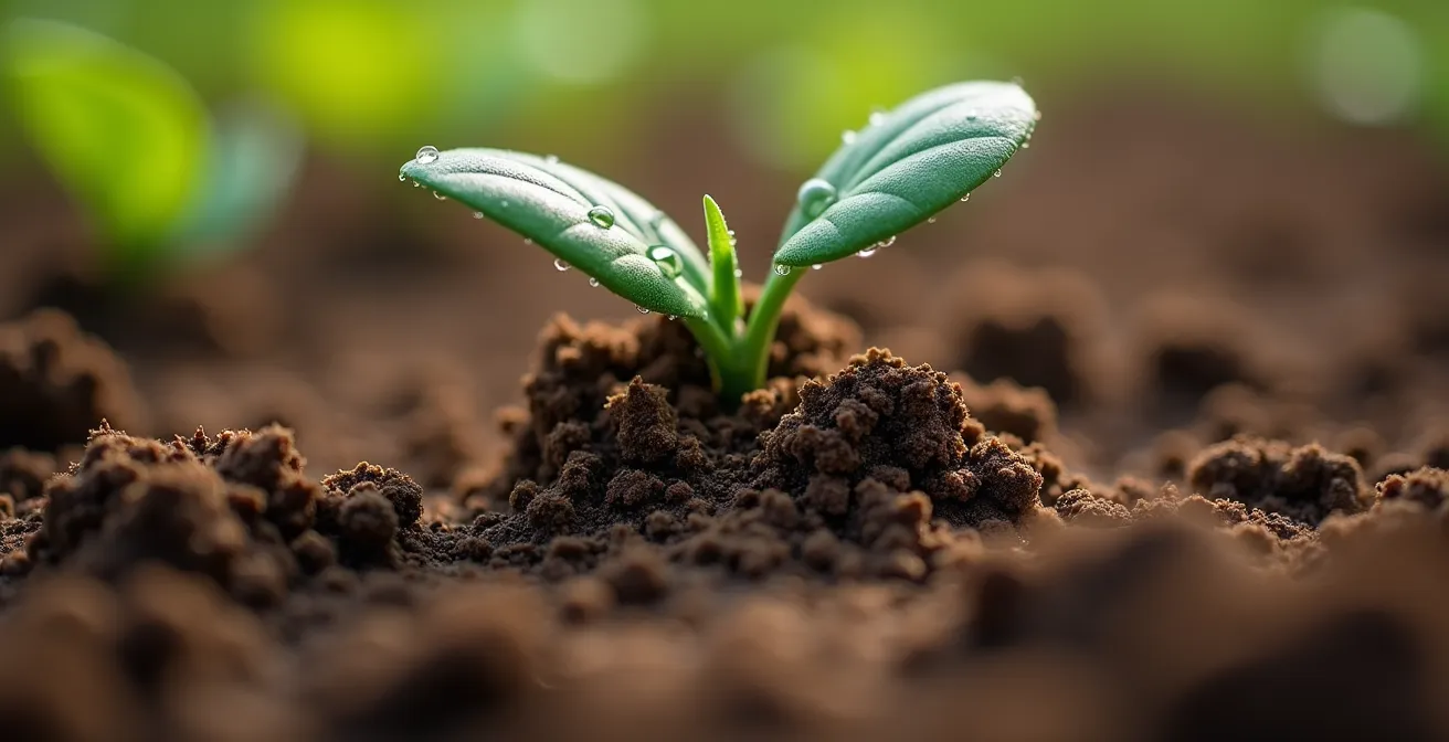Detalle macro de sensor de humedad instalado entre raíces de almendro