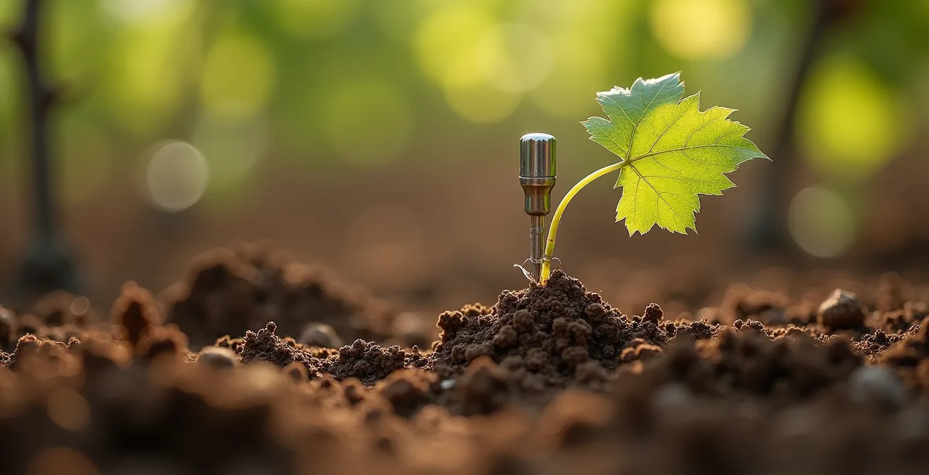 Detalle macro de sensor de humedad instalado en viñedo español con hojas de vid y terreno característico