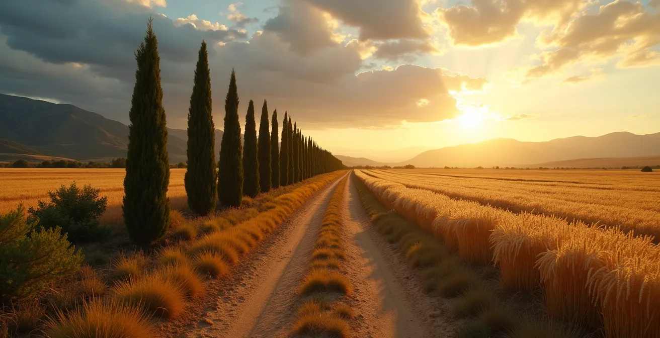 Seto natural de cipreses protegiendo campos de cultivo en el Valle del Ebro contra el viento Cierzo