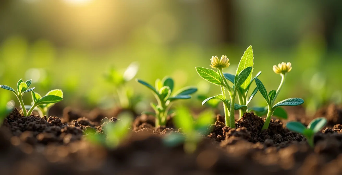 Detalle macro de plantas de cubierta vegetal creciendo entre hileras de olivos en España