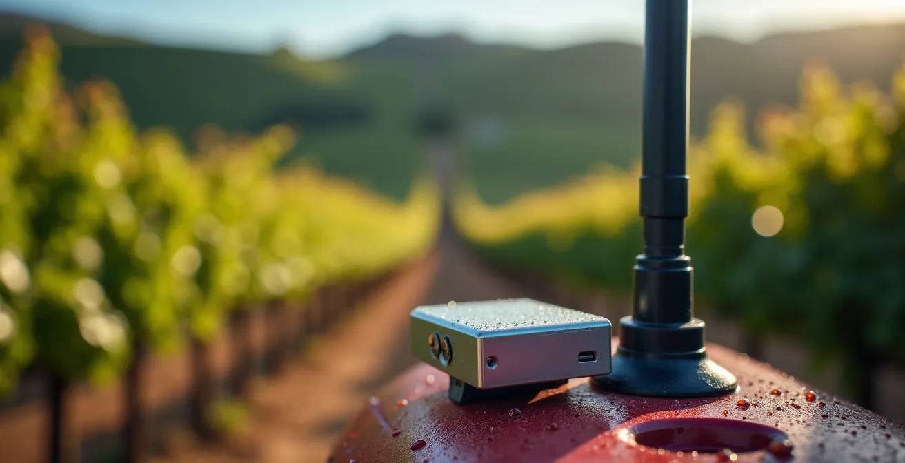 Sensor IMU y antena GNSS instalados en tractor trabajando en pendiente de viñedo