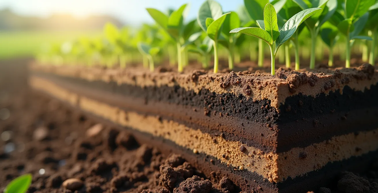 Vista de perfil del suelo mostrando la estructura porosa creada por raíces