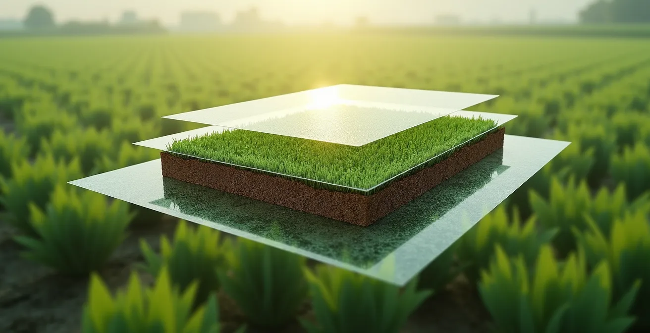 Composición abstracta mostrando superposición de diferentes capas de datos agrícolas con texturas de suelo y vegetación