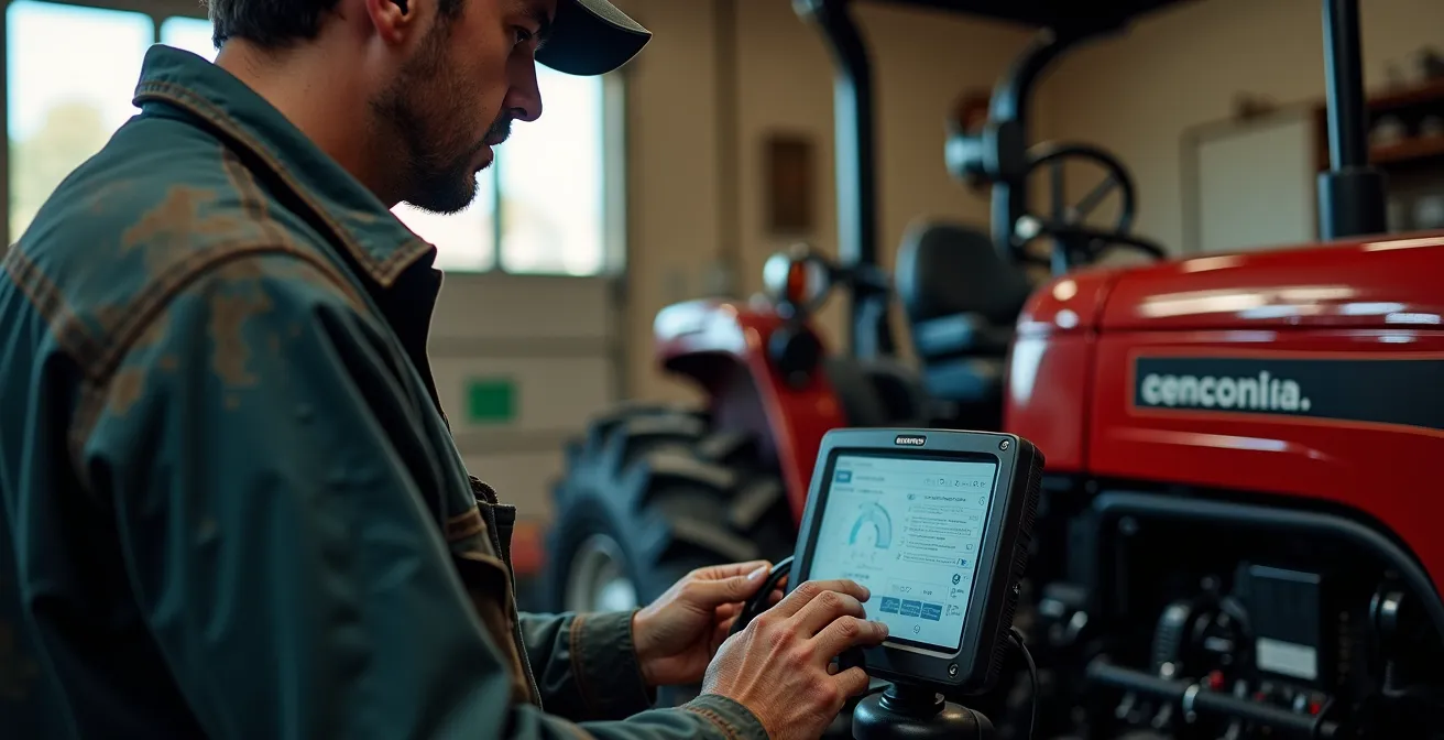 Mecánico trabajando en la reprogramación de ECU de tractor agrícola