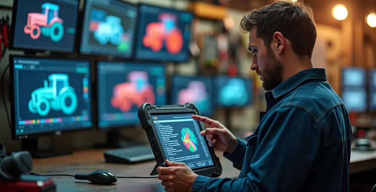 Técnico agrícola usando tablet para diagnóstico remoto en campo