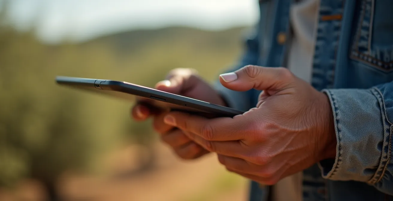 Agricultor utilizando tecnología digital para gestión de finca