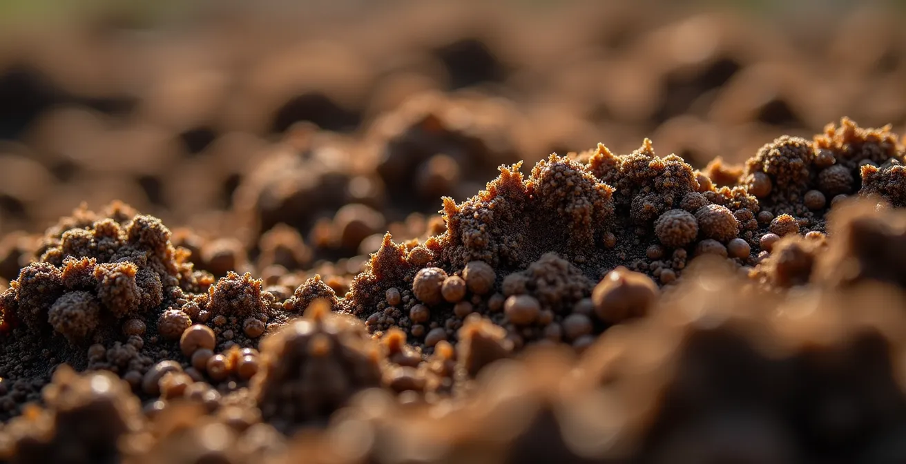 Fotografía macro extrema de textura de suelo agrícola mostrando agregados y materia orgánica
