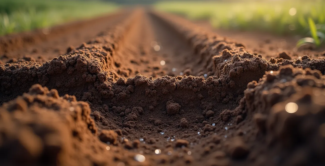 Vista macro del suelo agrícola mostrando la diferencia entre zona compactada y zona sin tráfico