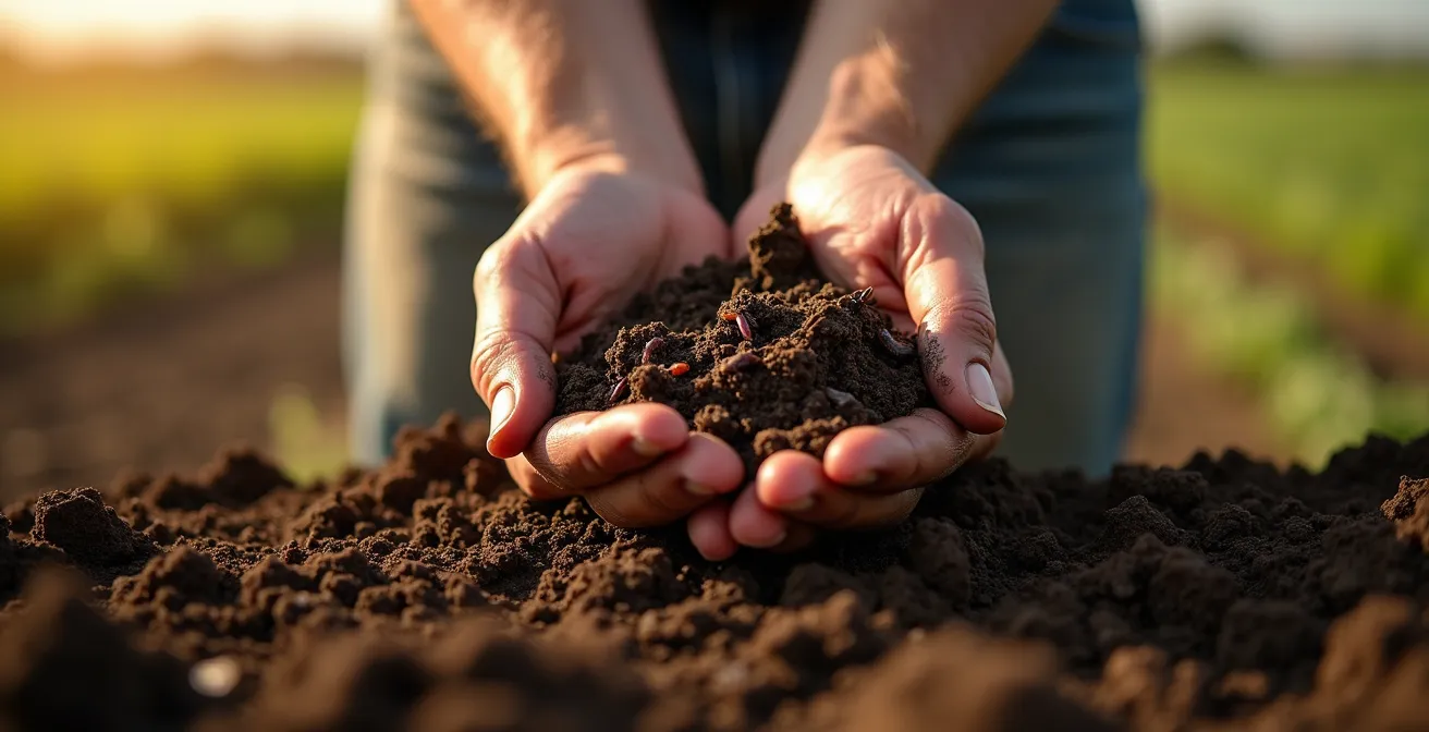 Lombrices y microorganismos trabajando en el suelo bajo cubierta vegetal