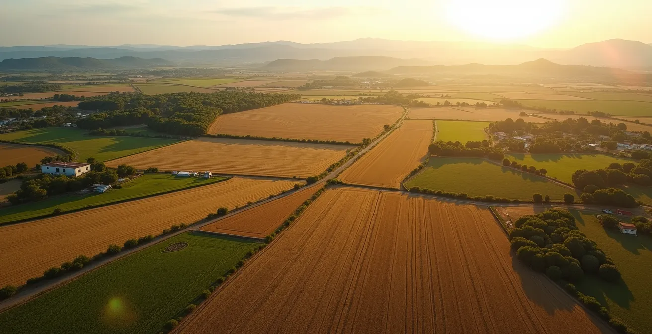 Vista aérea de parcelas agrícolas con diferentes niveles de riego en España