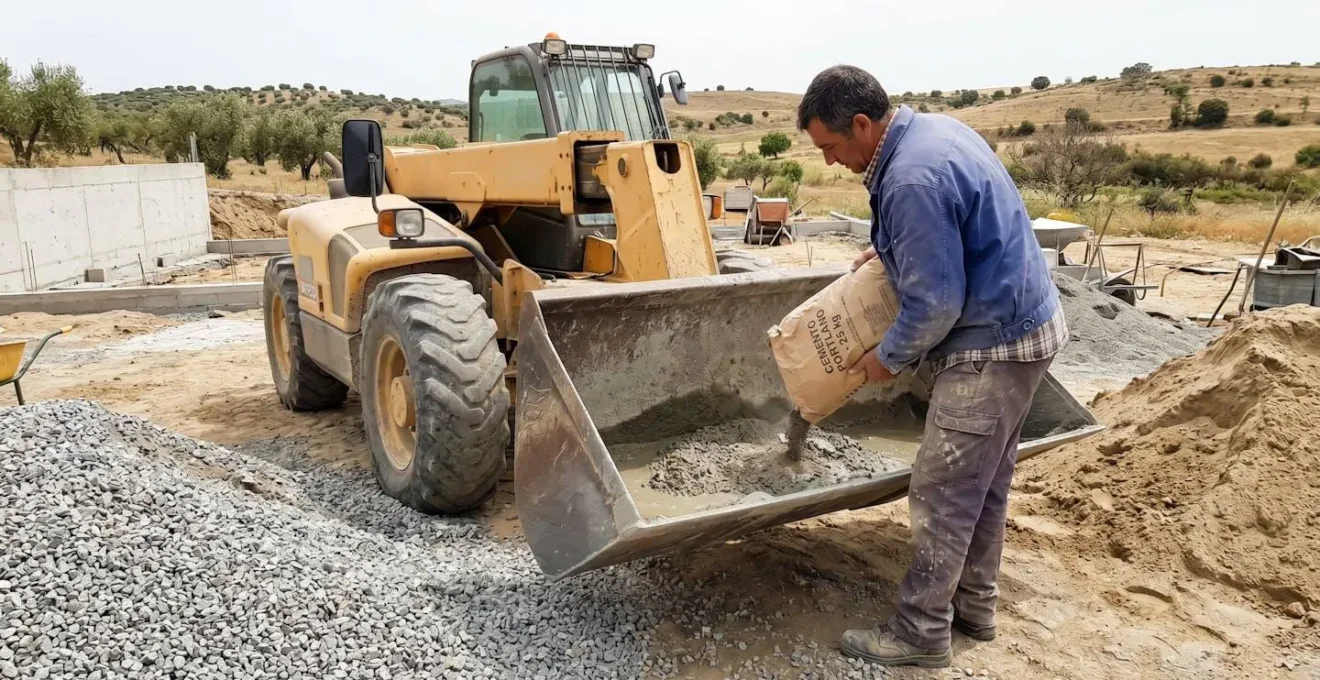 Operario agrícola visto de espaldas preparando dosificación de materiales para hormigón con sacos de cemento y áridos organizados